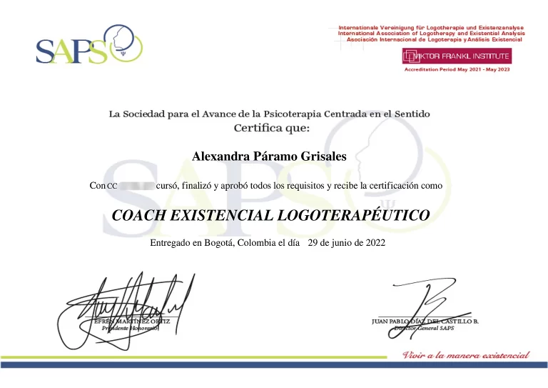 Certificado de Coach Existencial Logoterapéutico de Alexandra Páramo, expedido por la SAPS en 2022 con el sello del Viktor Frankl Institute