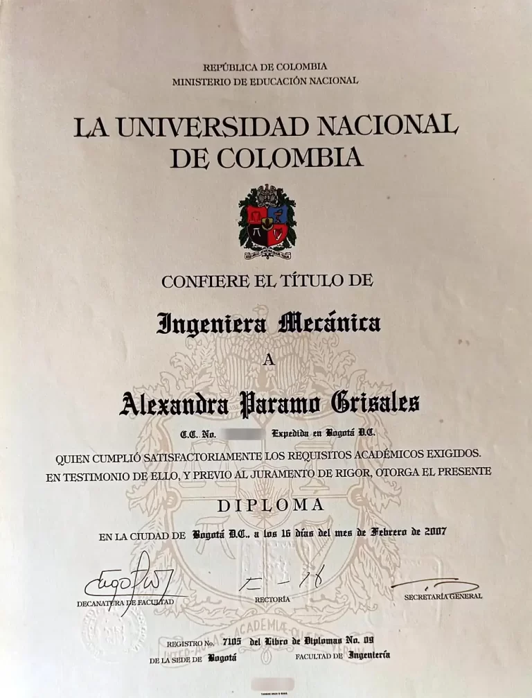 Título de Ingeniera Mecánica de Alexandra Páramo, otorgado por la Universidad Nacional de Colombia en Bogotá (2007)