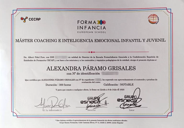 Diploma de Alexandra Páramo del Máster en Coaching e Inteligencia Emocional Infantil y Juvenil de FormaInfancia European School (2025)